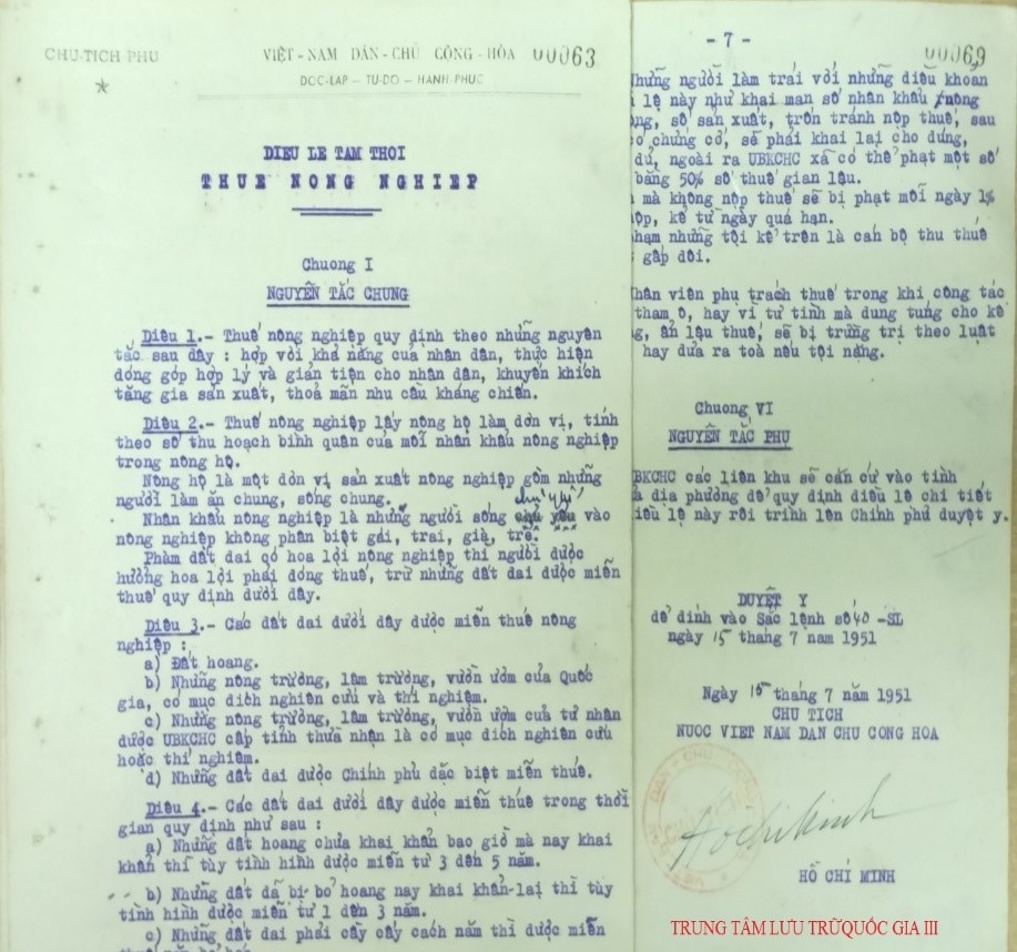 Điều lệ tạm thời thuế nông nghiệp kèm theo Sắc lệnh số 40-SL ngày 15/7/1951 của Chủ tịch nước Việt Nam Dân chủ Cộng hòa Hồ Chí Minh [3].  Nguồn: Trung tâm lưu trữ quốc gia III, Phông Phủ Thủ tướng, mục lục 1, hồ sơ số 11, tờ 63 - 69
